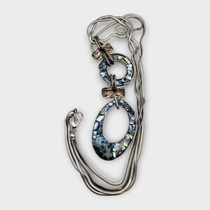 Mosaic Iridescent Shell Long Pendant Necklace Snake Chain – Coastal Boho Luxe